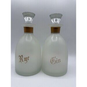 Vintage Frosted Glass Rye & Gin Decanter w/ Glass Stopper : MCM Gold Lettering